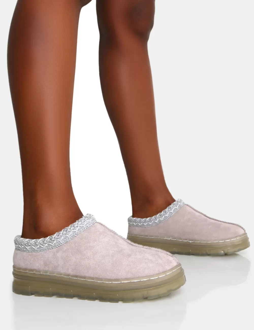 Clearance Public Desire Nala Light Faux Suede Embroidered Slipper Platform Boots Grey