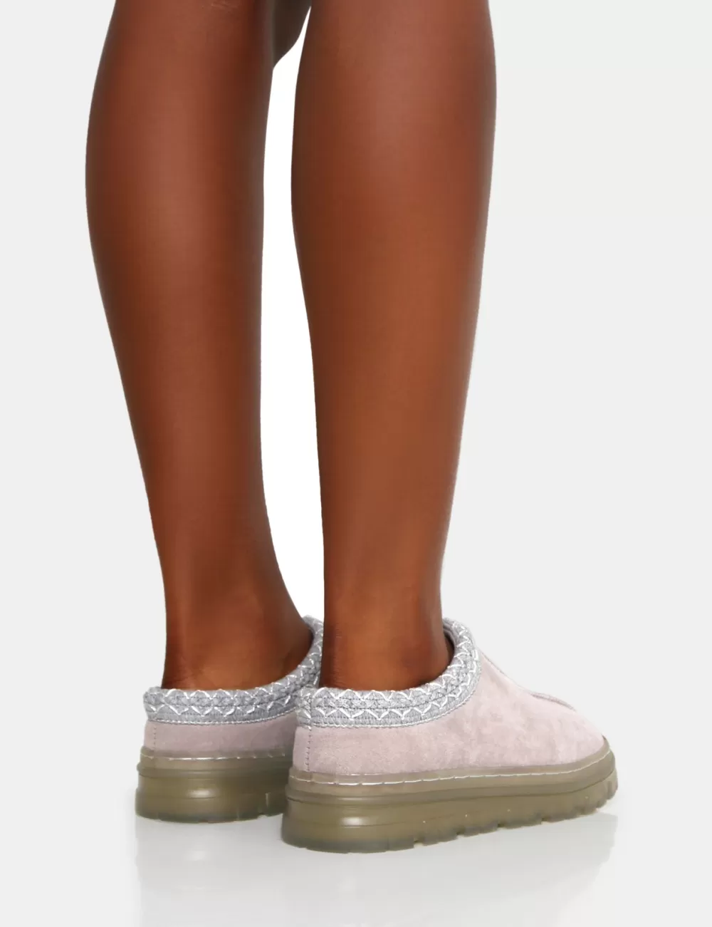 Clearance Public Desire Nala Light Faux Suede Embroidered Slipper Platform Boots Grey