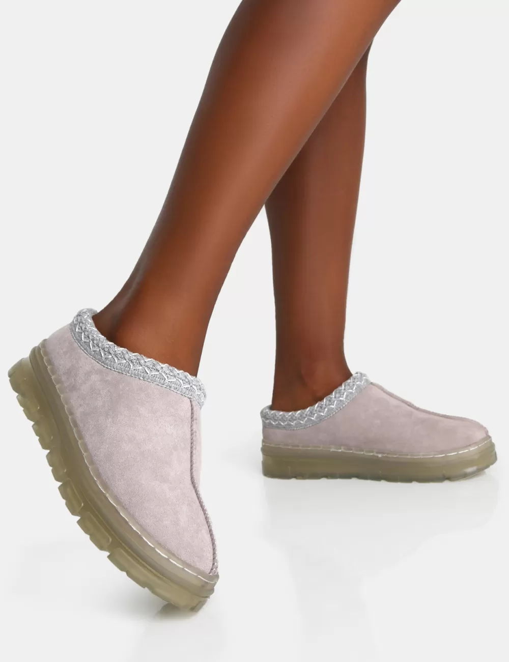 Clearance Public Desire Nala Light Faux Suede Embroidered Slipper Platform Boots Grey