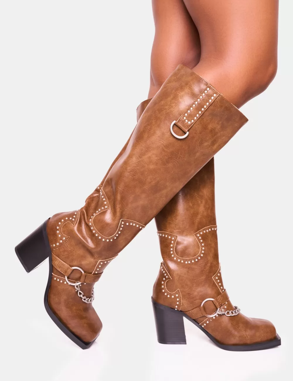 Clearance Public Desire Nashville Vintage Western Studded Block Heel Knee High Boot Brown