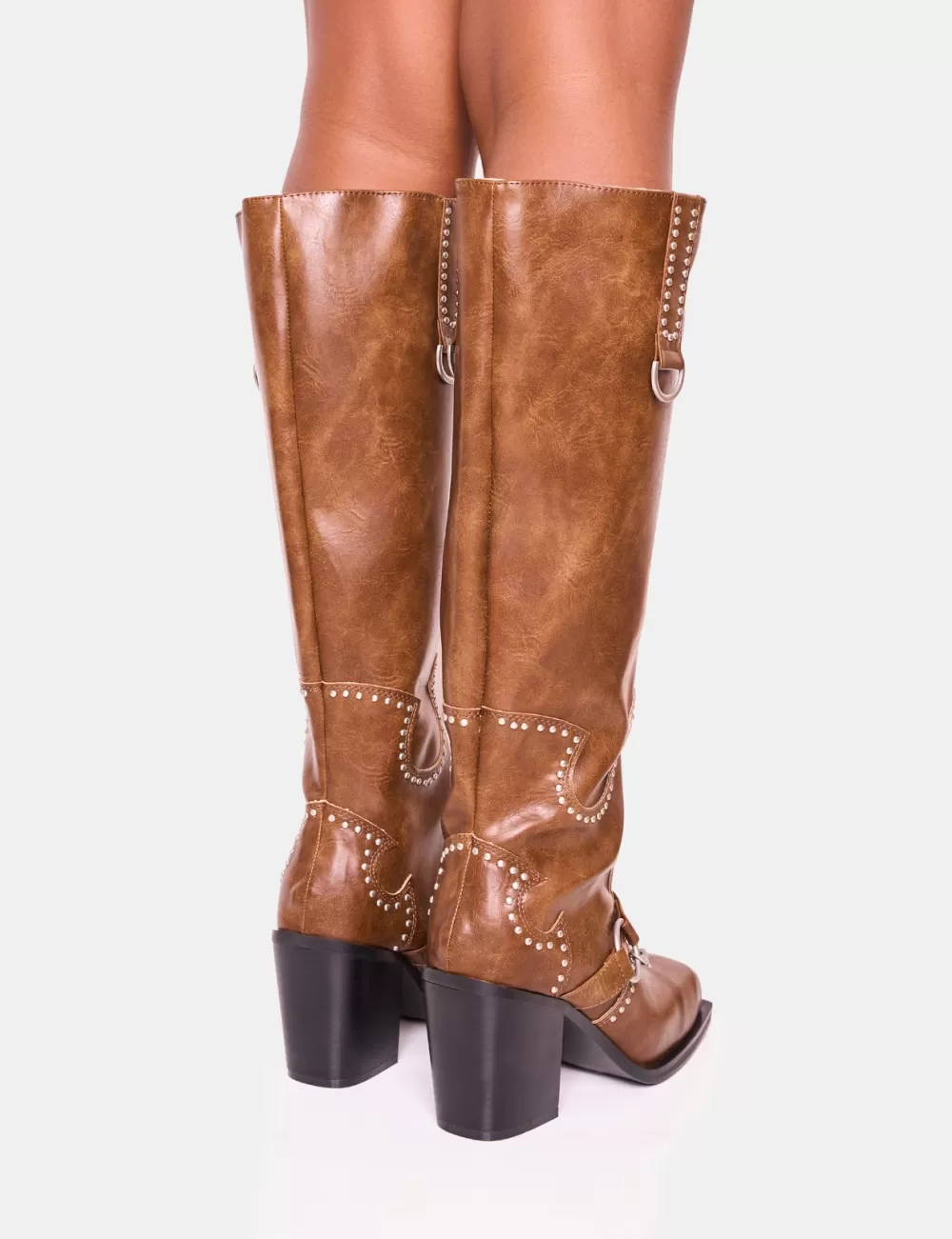 Clearance Public Desire Nashville Vintage Western Studded Block Heel Knee High Boot Brown