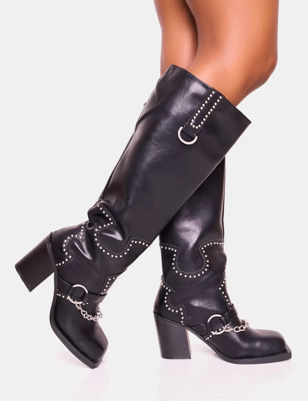 Store Public Desire Nashville Wide Fit Western Studded Block Heel Knee High Boot Black