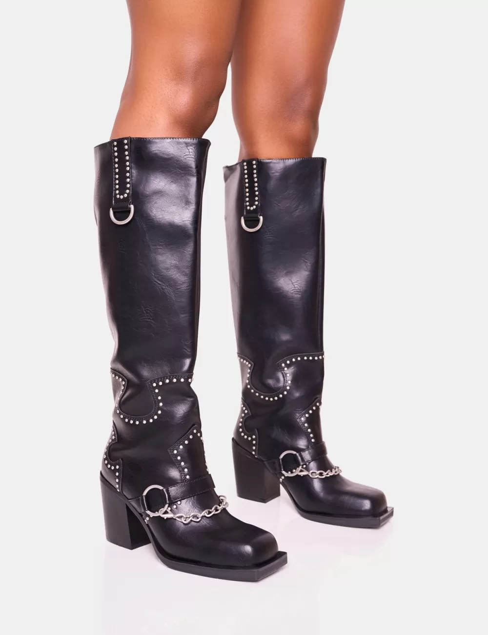 Store Public Desire Nashville Wide Fit Western Studded Block Heel Knee High Boot Black