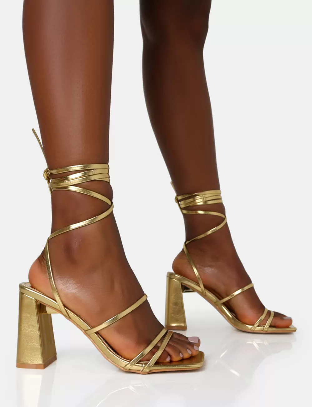 Hot Public Desire Natty Pu Lace Up Square Toe Mid Block Heels Gold
