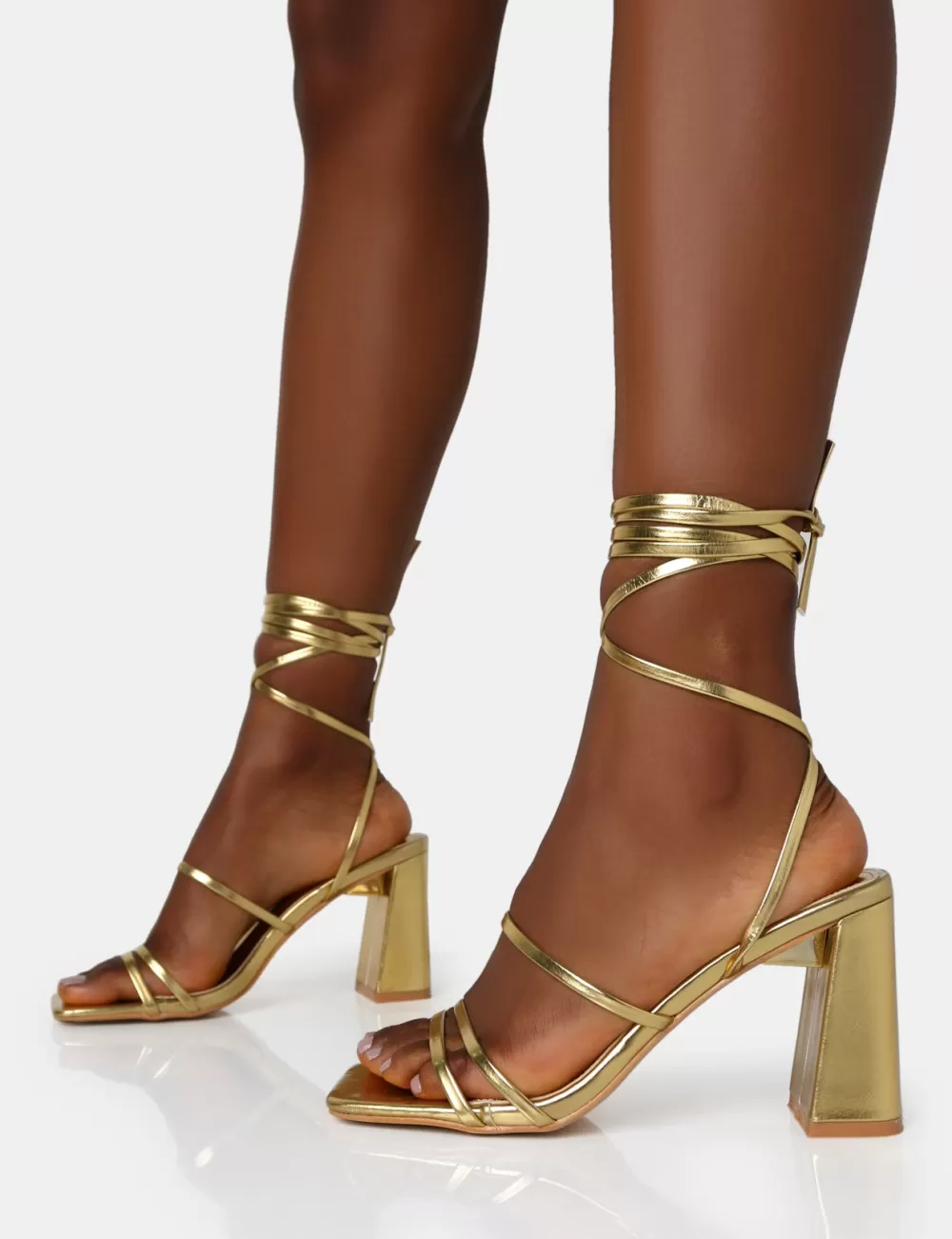 Hot Public Desire Natty Pu Lace Up Square Toe Mid Block Heels Gold