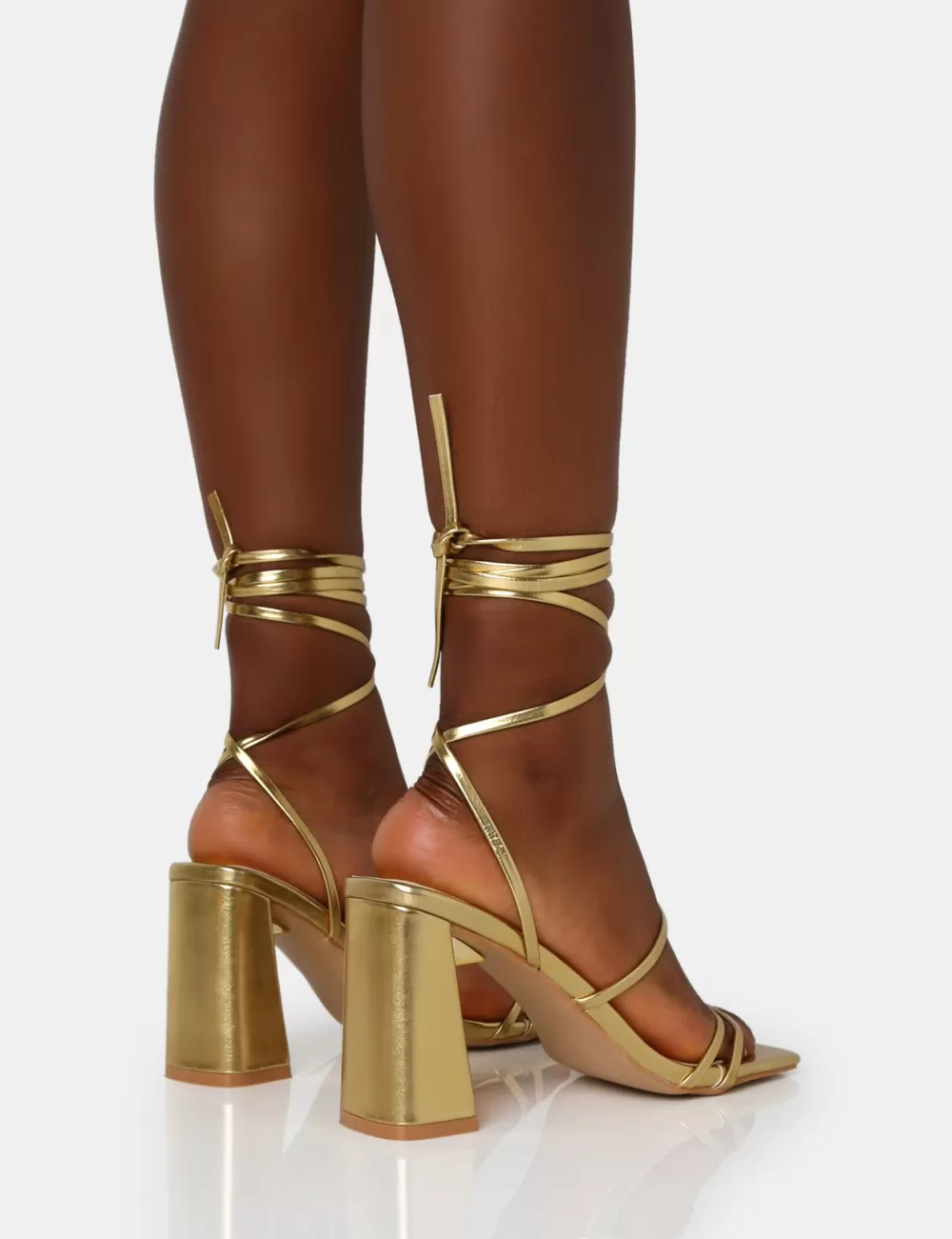 Hot Public Desire Natty Pu Lace Up Square Toe Mid Block Heels Gold