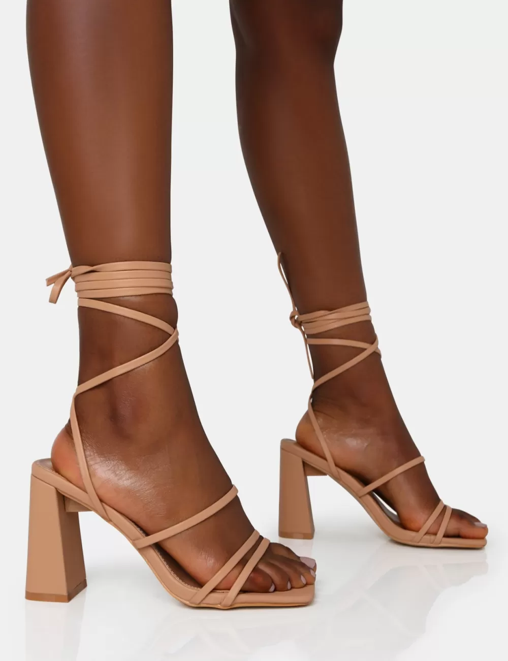Shop Public Desire Natty Wide Fit Nude Pu Lace Up Square Toe Mid Block Heels Neutral