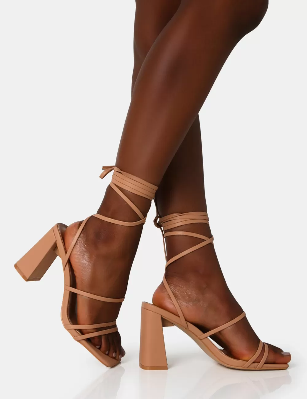 Shop Public Desire Natty Wide Fit Nude Pu Lace Up Square Toe Mid Block Heels Neutral