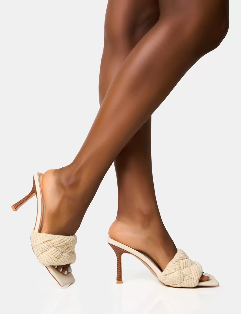 Sale Public Desire Nectar Cream Wooden Stack Knitted Square Toe Heels Neutral