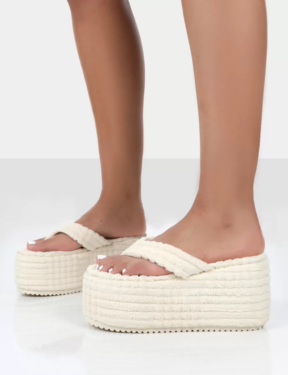 Sale Public Desire Nell Ecru Terry Towelling Platform Wedge Flip Flop Sandals White