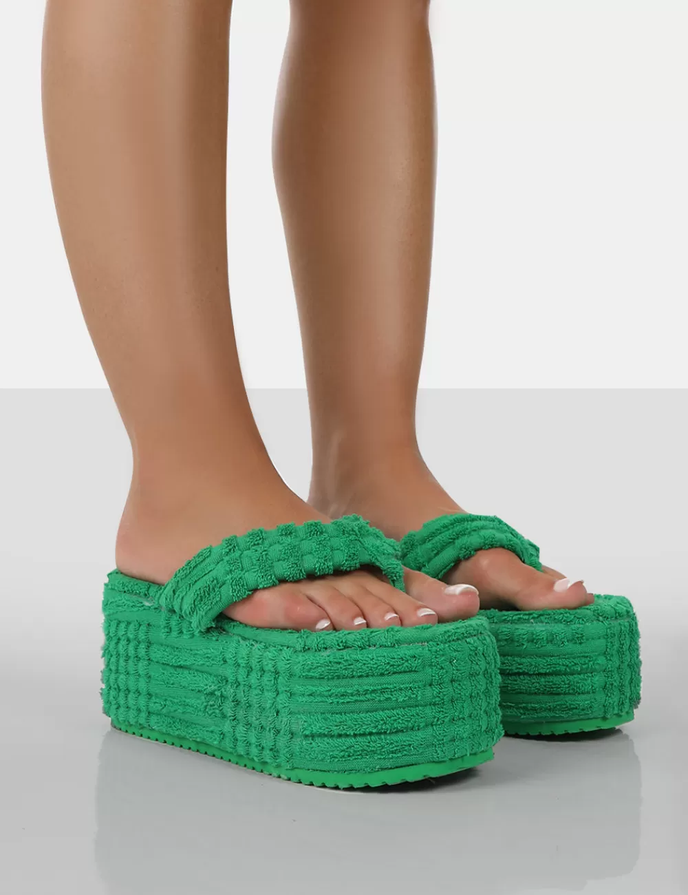Best Public Desire Nell Green Terry Towelling Platform Wedge Flip Flop Sandals