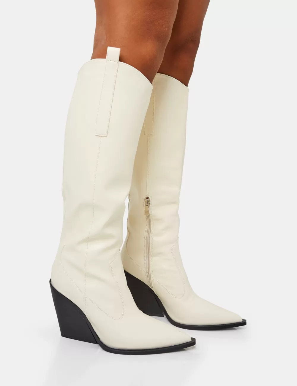 Best Public Desire Nevada Ecru Western Cowboy Pointed Toe Block Heel Knee High Boots Neutral