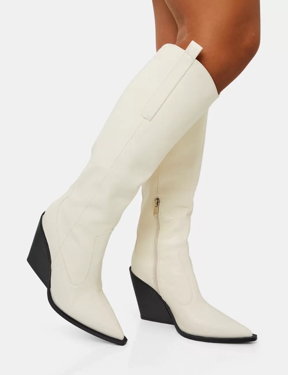 Best Public Desire Nevada Ecru Western Cowboy Pointed Toe Block Heel Knee High Boots Neutral