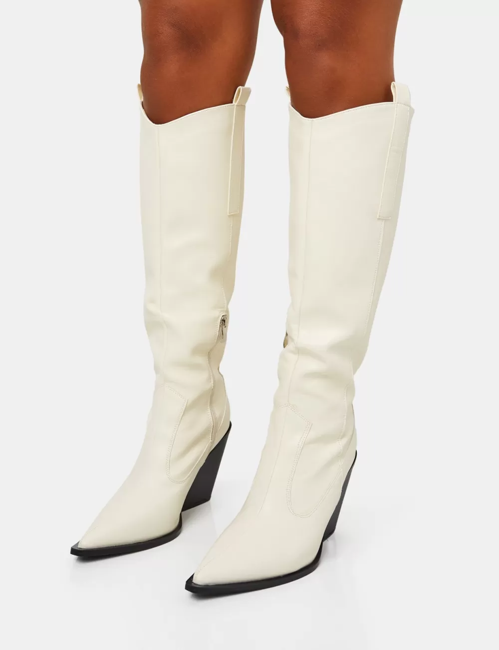 Best Public Desire Nevada Ecru Western Cowboy Pointed Toe Block Heel Knee High Boots Neutral