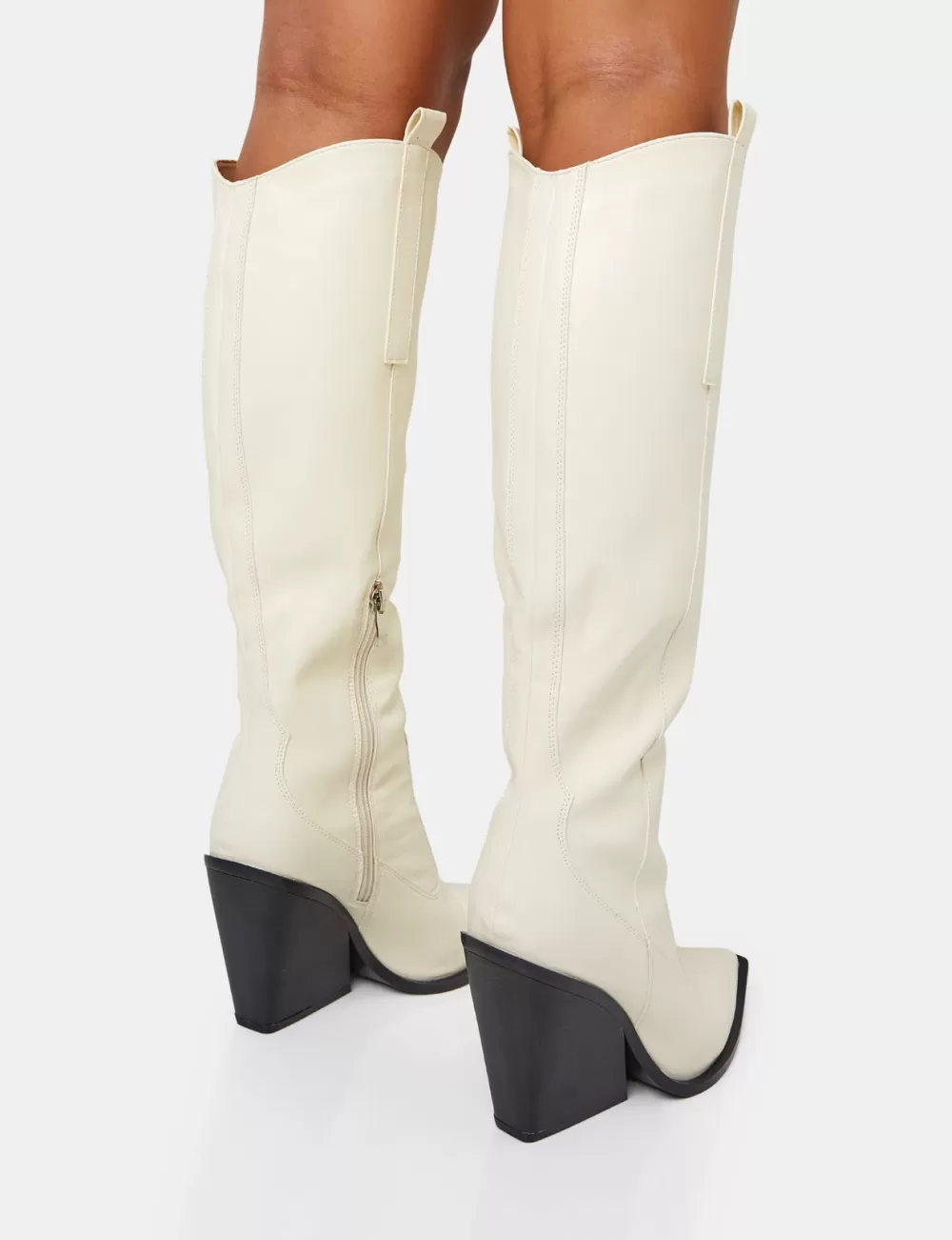 Best Public Desire Nevada Ecru Western Cowboy Pointed Toe Block Heel Knee High Boots Neutral
