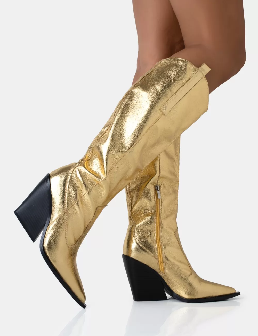 Shop Public Desire Nevada Metallic Western Cowboy Block Heel Knee High Boots Gold