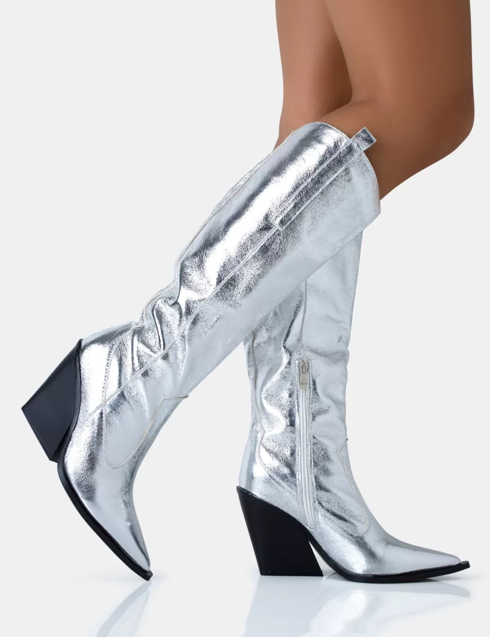 Best Public Desire Nevada Metallic Western Cowboy Block Heel Knee High Boots Silver