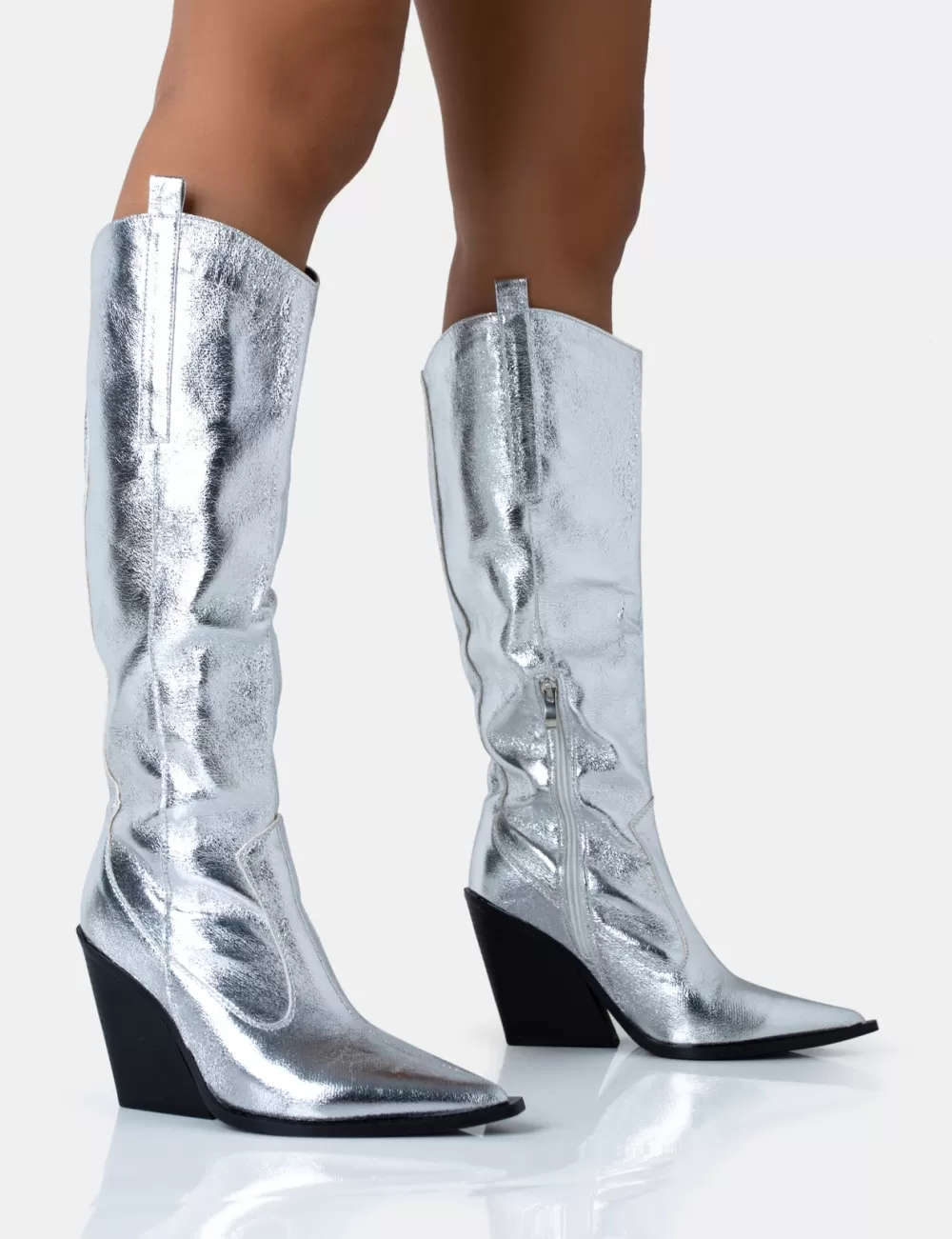 Shop Public Desire Nevada Metallic Wide Fit Western Block Heel Knee High Boots Silver