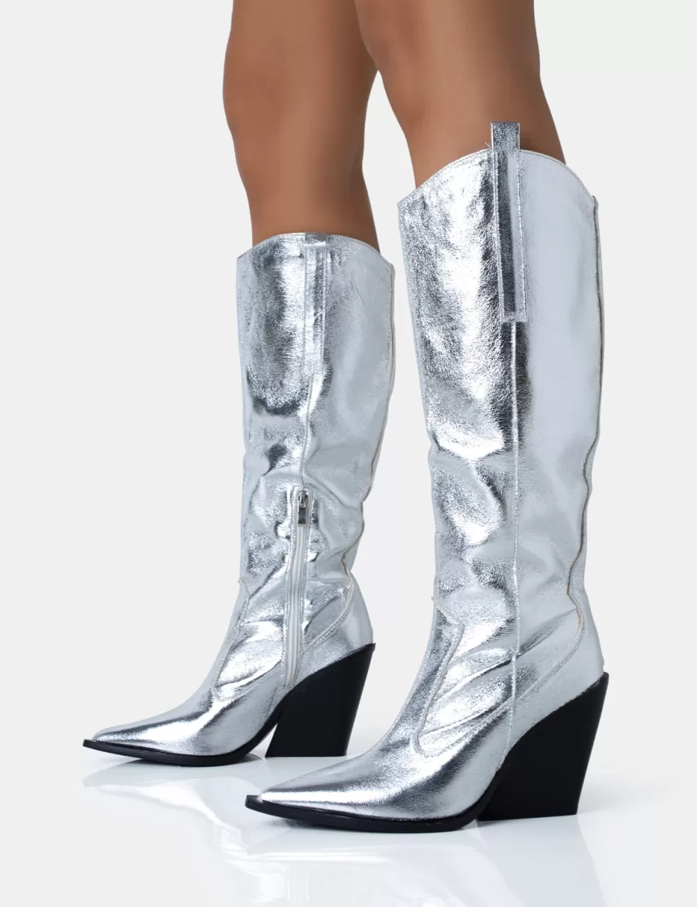 Shop Public Desire Nevada Metallic Wide Fit Western Block Heel Knee High Boots Silver
