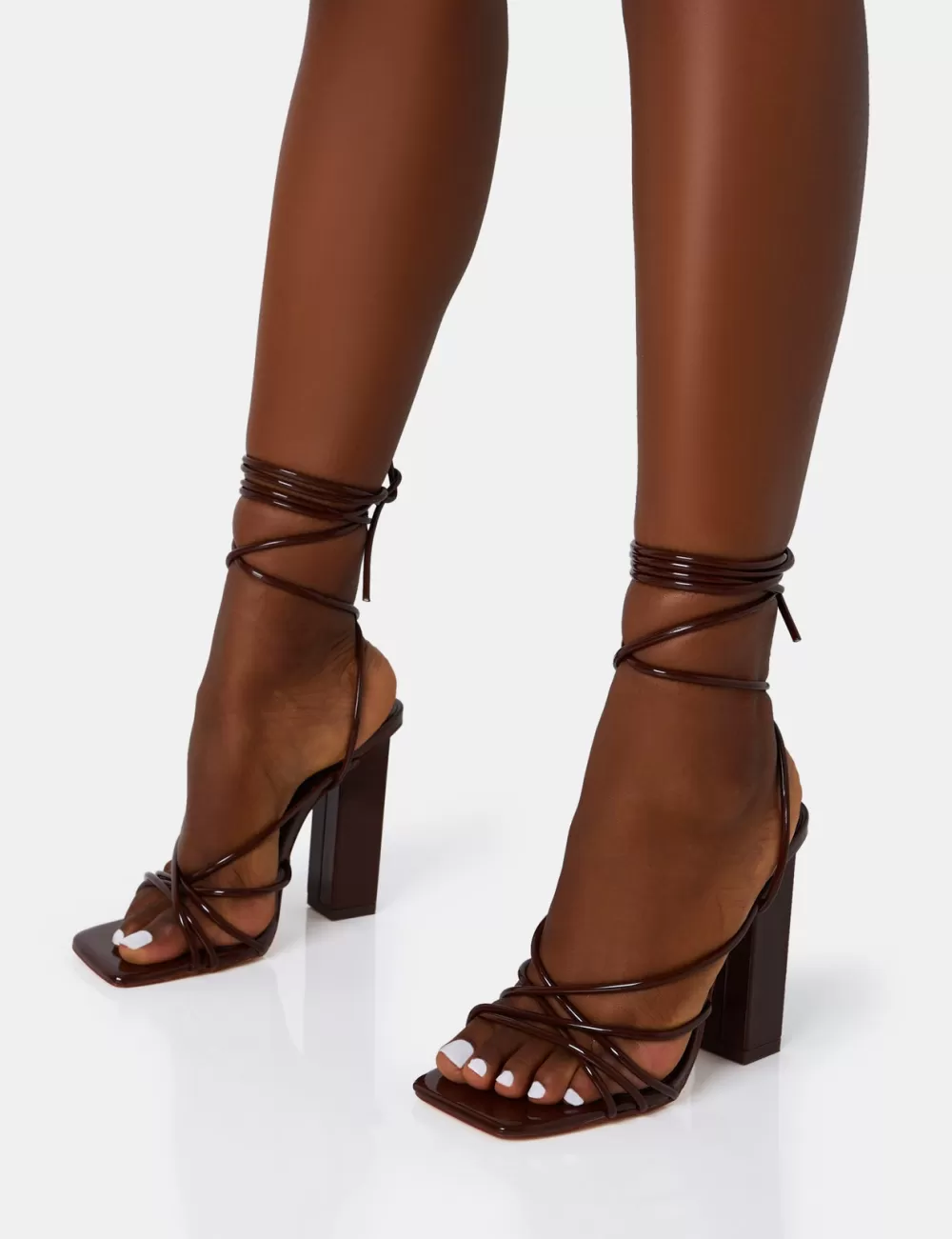 Flash Sale Public Desire Nyla Chocolate Patent Strappy Lace Up Square Toe Block Heels Brown