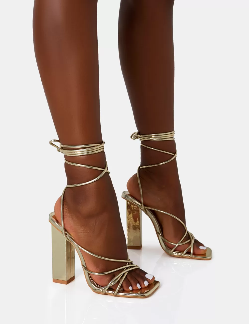 Best Sale Public Desire Nyla Mirror Strappy Lace Up Square Toe Block Heels Gold