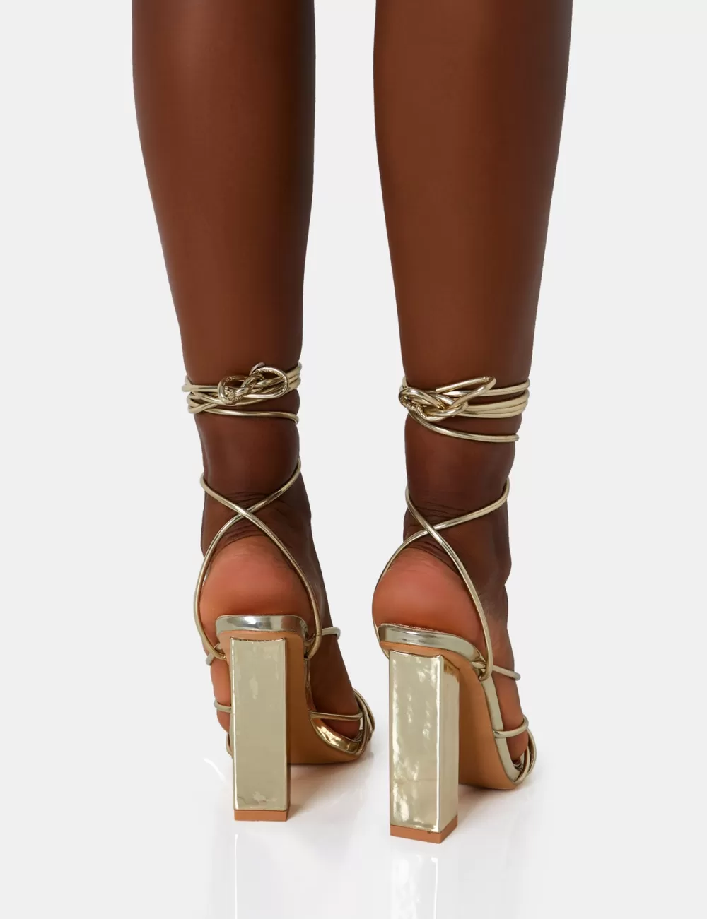 Best Sale Public Desire Nyla Mirror Strappy Lace Up Square Toe Block Heels Gold