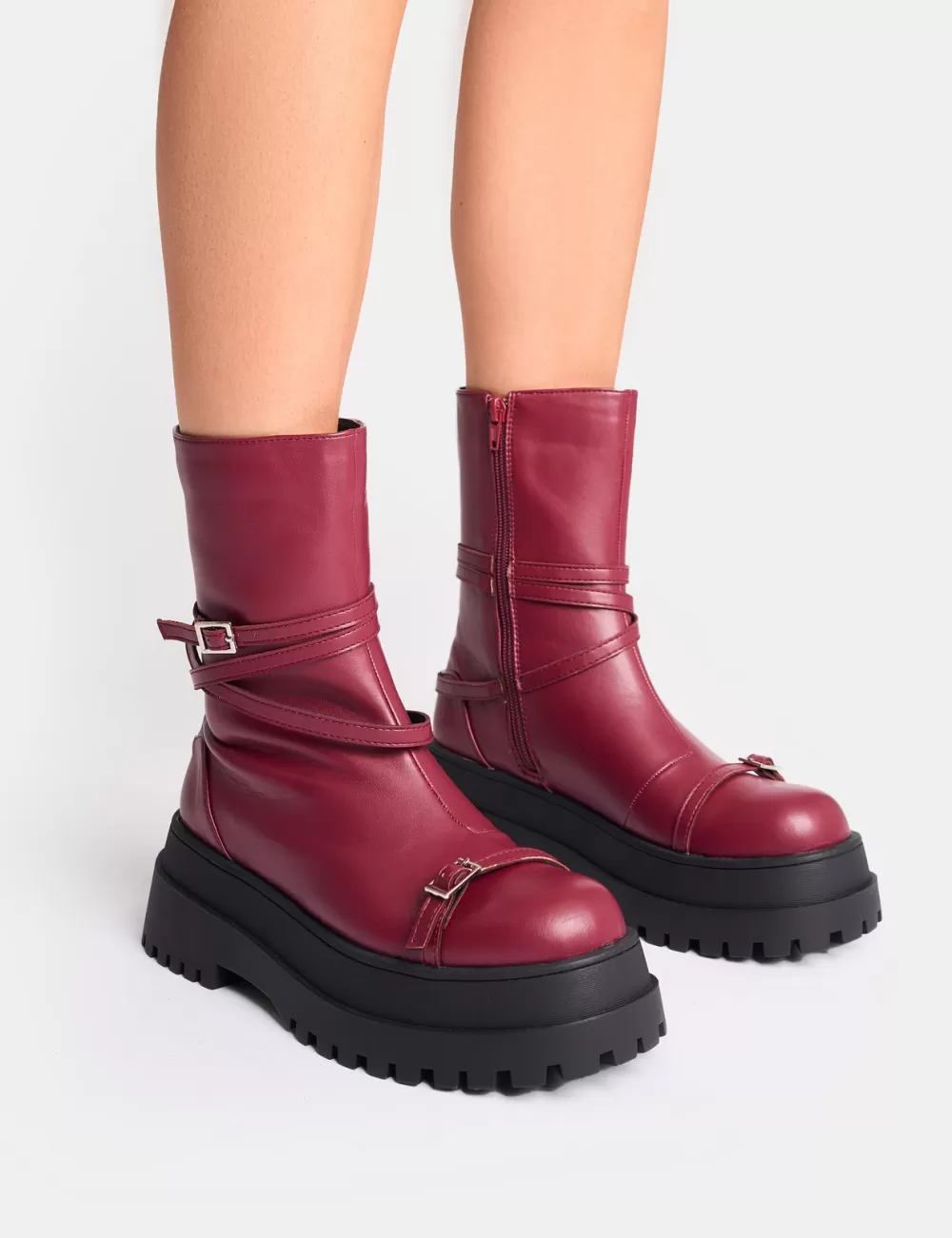 Best Sale Public Desire Odessa Multi Strap Detail Chunky Sole Ankle Boots Burgundy