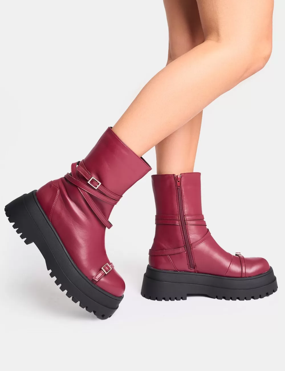 Best Sale Public Desire Odessa Multi Strap Detail Chunky Sole Ankle Boots Burgundy