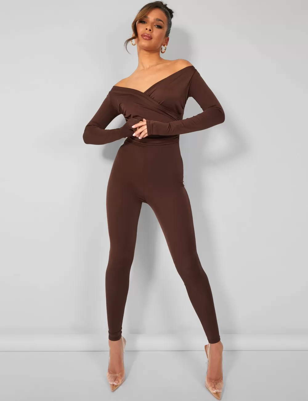 Clearance Public Desire Off Shoulder Ruched Long Sleeve Jumpsuit Brown