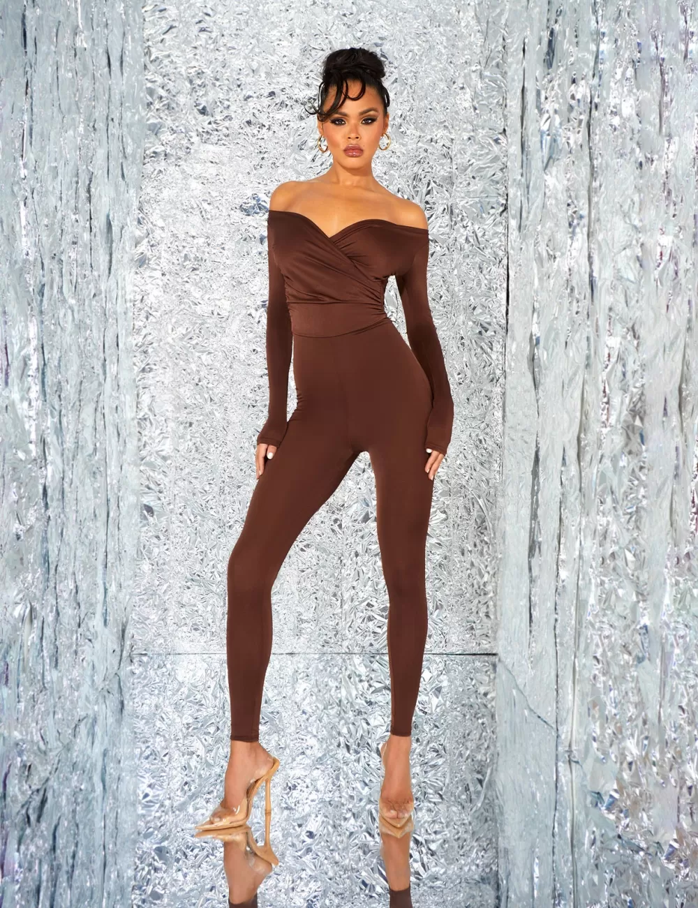 Clearance Public Desire Off Shoulder Ruched Long Sleeve Jumpsuit Brown