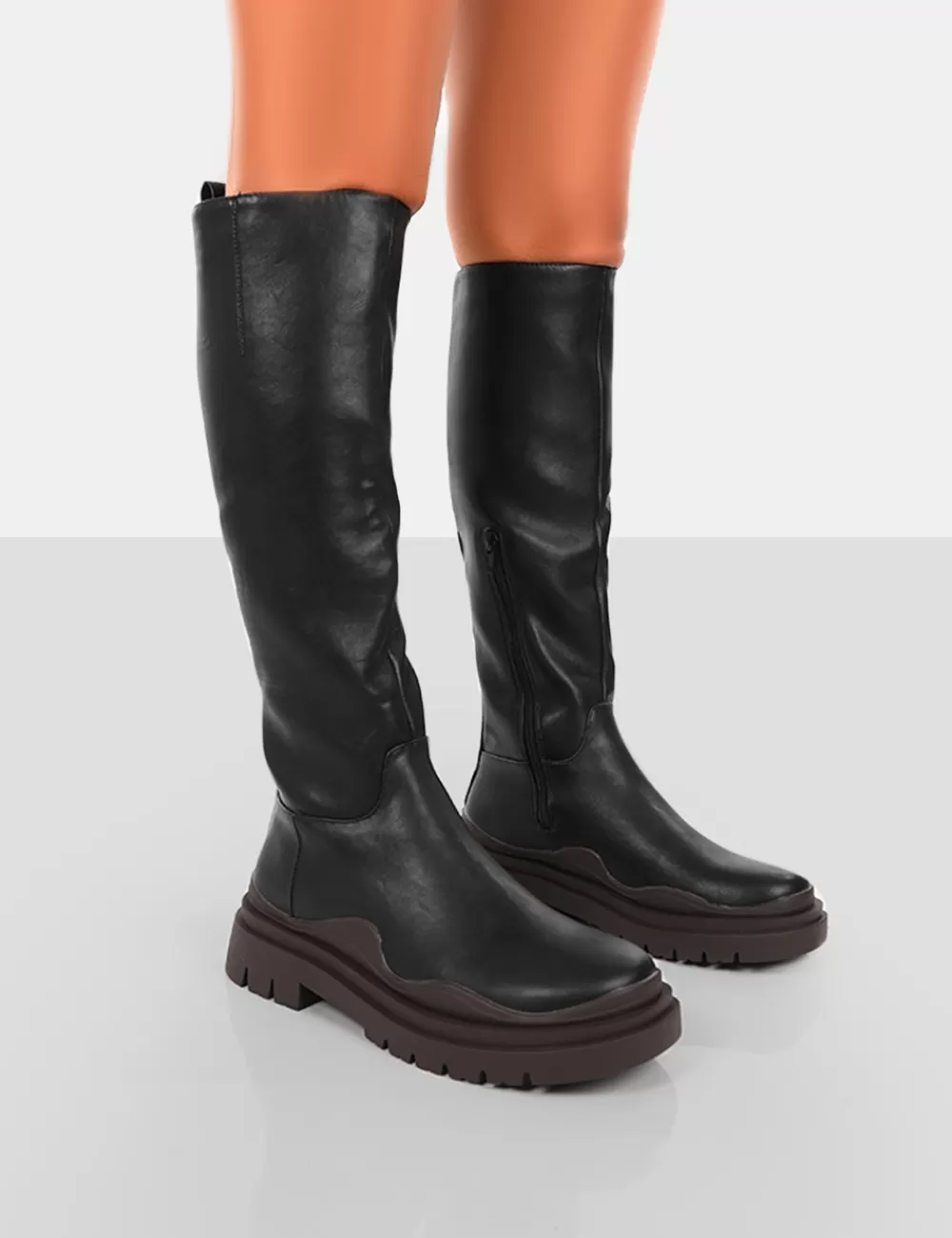 Sale Public Desire On Point Chocolate Black PU Chunky Sole Knee High Boots Brown