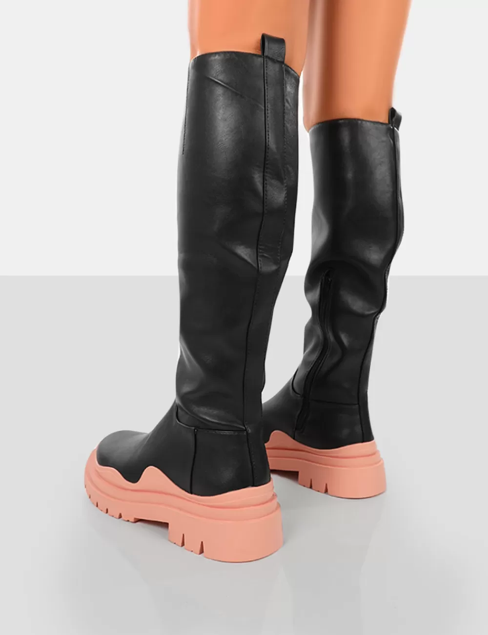 Sale Public Desire On Point Black PU Chunky Sole Knee High Boots Pink