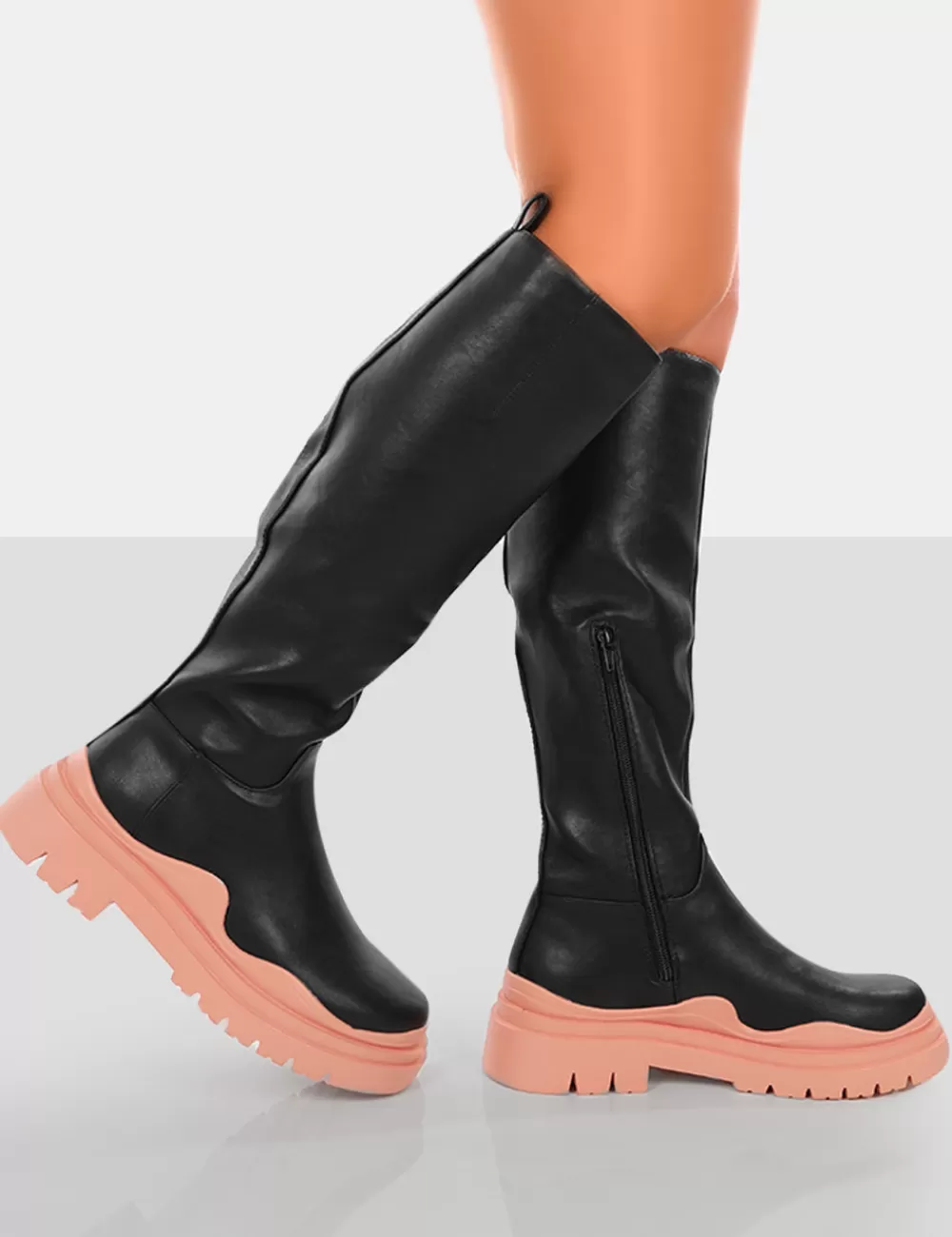 Sale Public Desire On Point Black PU Chunky Sole Knee High Boots Pink