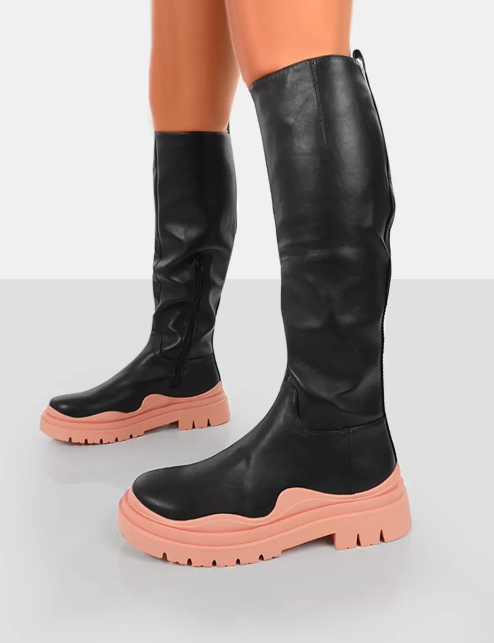 Sale Public Desire On Point Black PU Chunky Sole Knee High Boots Pink