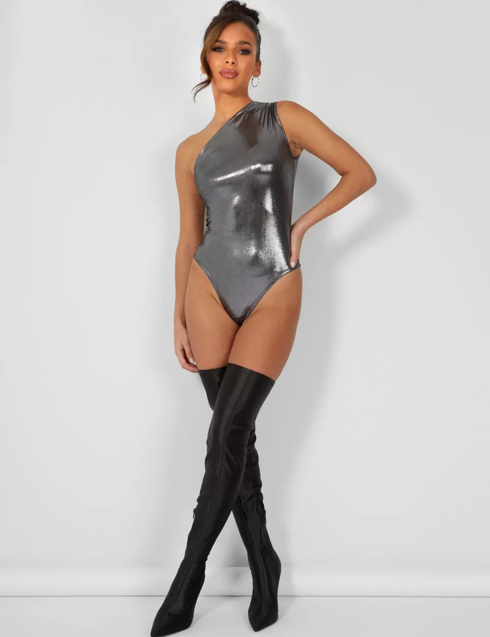 Best Sale Public Desire One Shoulder Ruched Metallic Bodysuit Silver