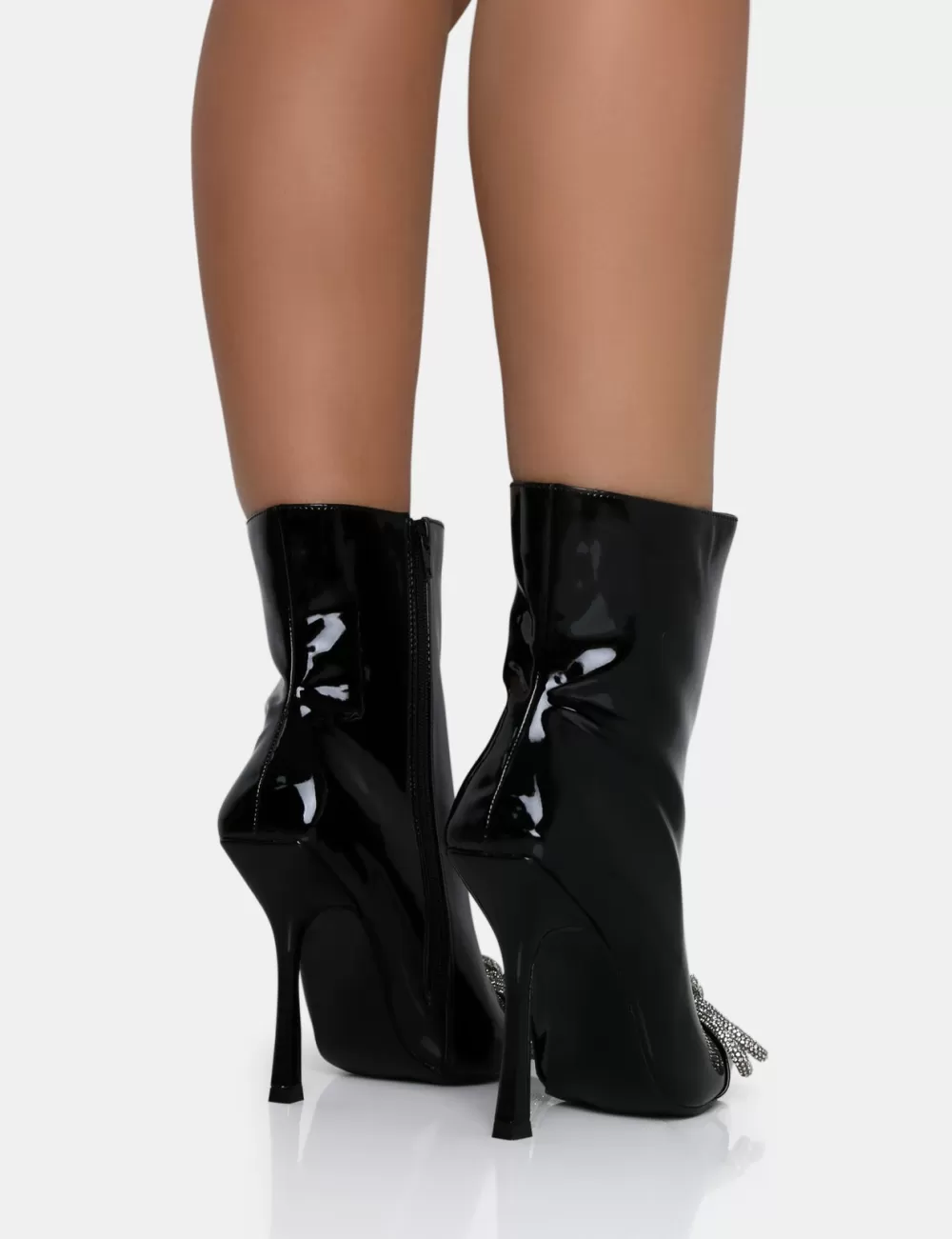 Online Public Desire Orla Patent Diamante Bow Pointed Toe Stiletto Ankle Boots Black