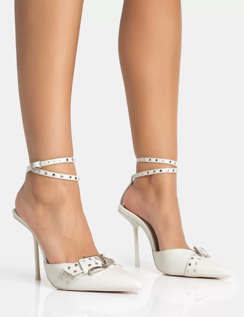 Online Public Desire Ozella Light Pu Studded Buckle Wrap Around Court Stiletto Heel Grey