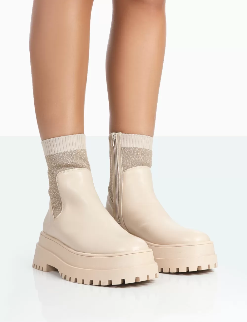 Hot Public Desire Paloma Nude Boucle Knit Platform Chunky Sole Sock Ankle Boots Neutral