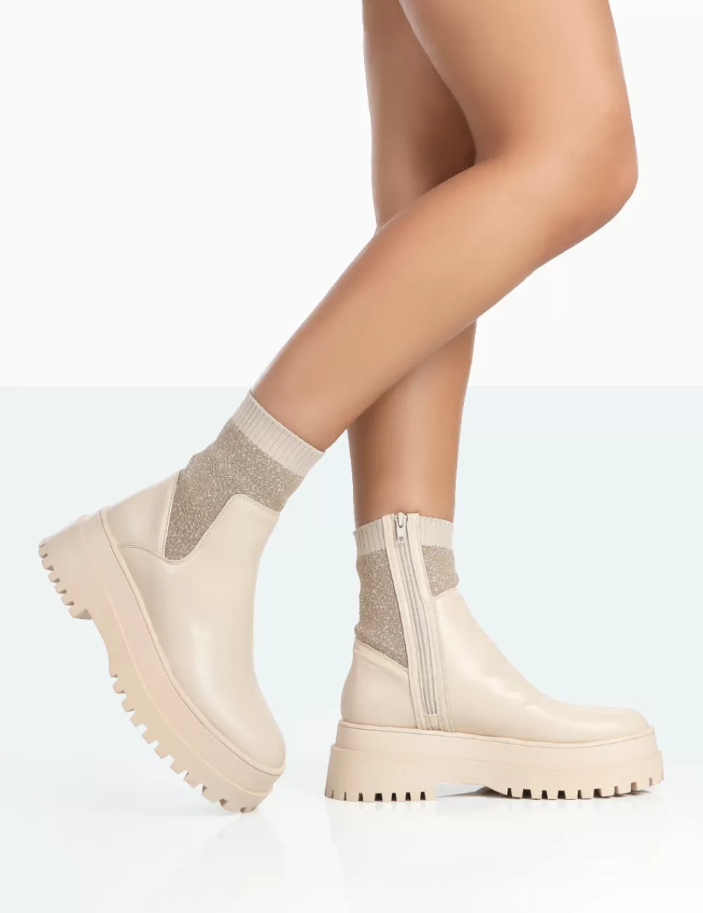 Hot Public Desire Paloma Nude Boucle Knit Platform Chunky Sole Sock Ankle Boots Neutral