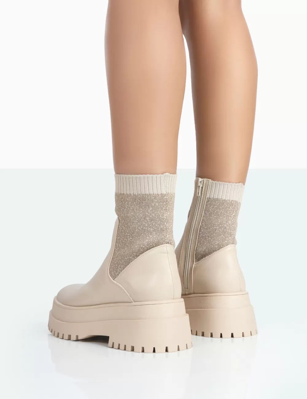 Hot Public Desire Paloma Nude Boucle Knit Platform Chunky Sole Sock Ankle Boots Neutral