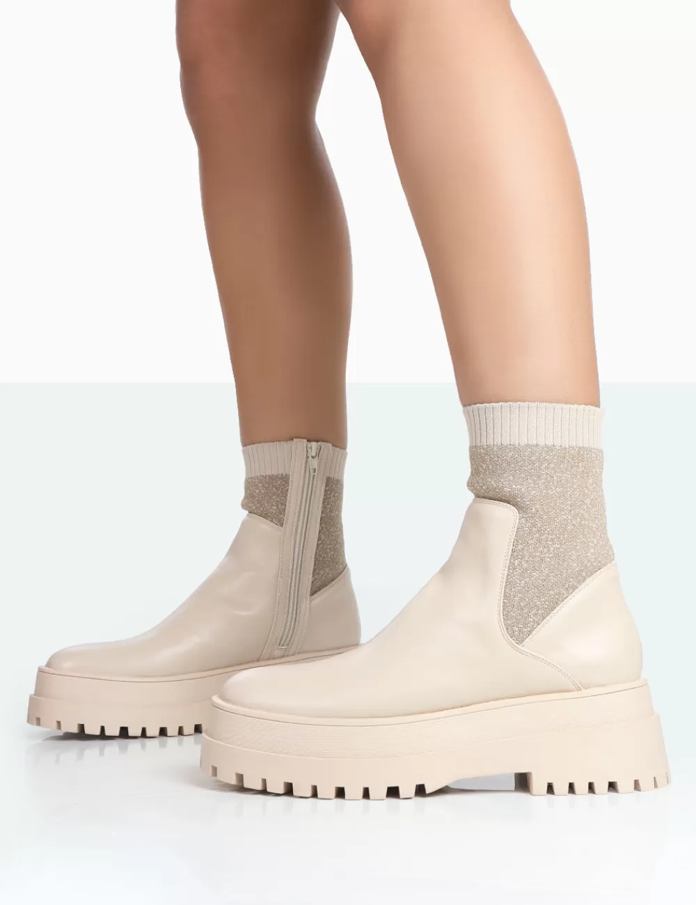 Hot Public Desire Paloma Nude Boucle Knit Platform Chunky Sole Sock Ankle Boots Neutral