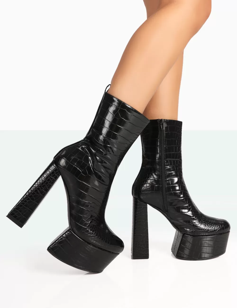 Sale Public Desire Parker Patent Croc Platform Rounded Pointed Toe Block Heeled Ankle Boots Black