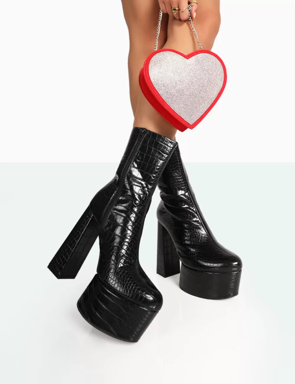 Sale Public Desire Parker Patent Croc Platform Rounded Pointed Toe Block Heeled Ankle Boots Black