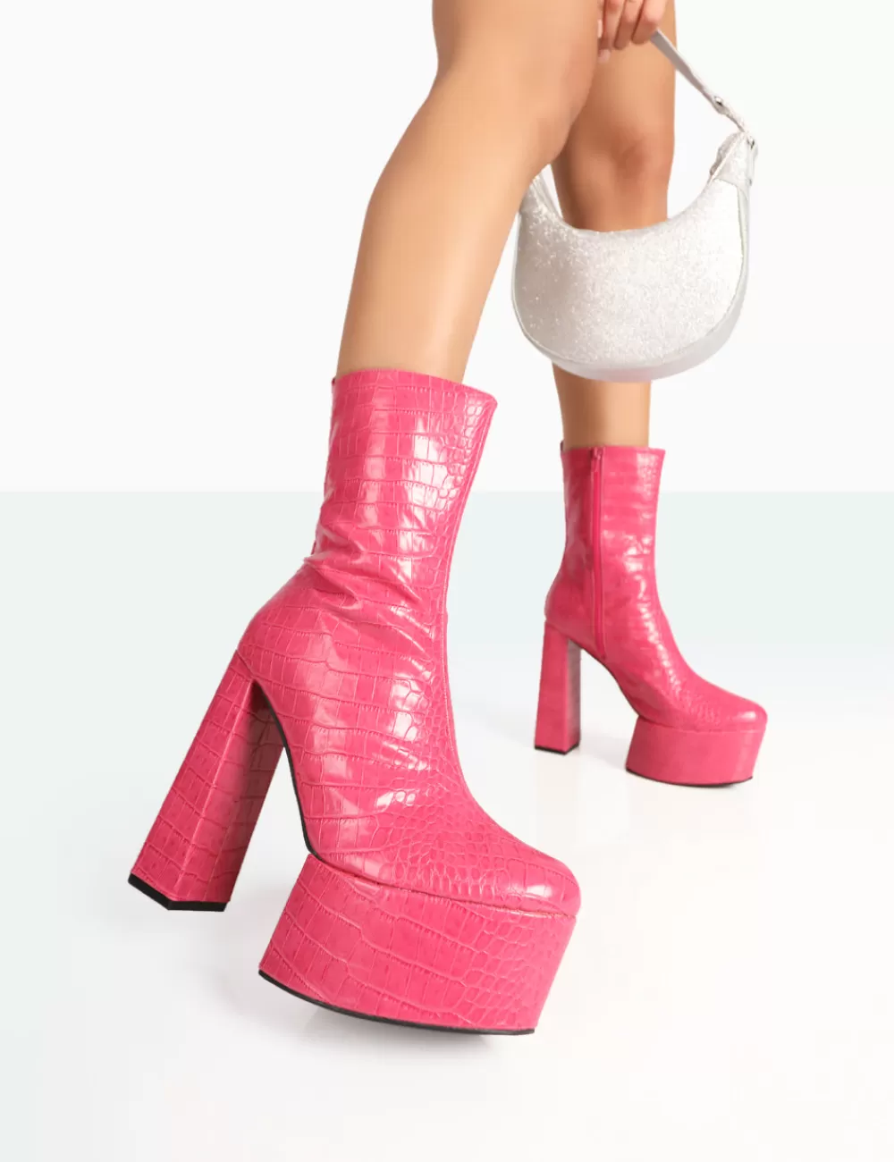 Sale Public Desire Parker Patent Croc Platform Pointed Toe Block Heeled Ankle Boots Pink