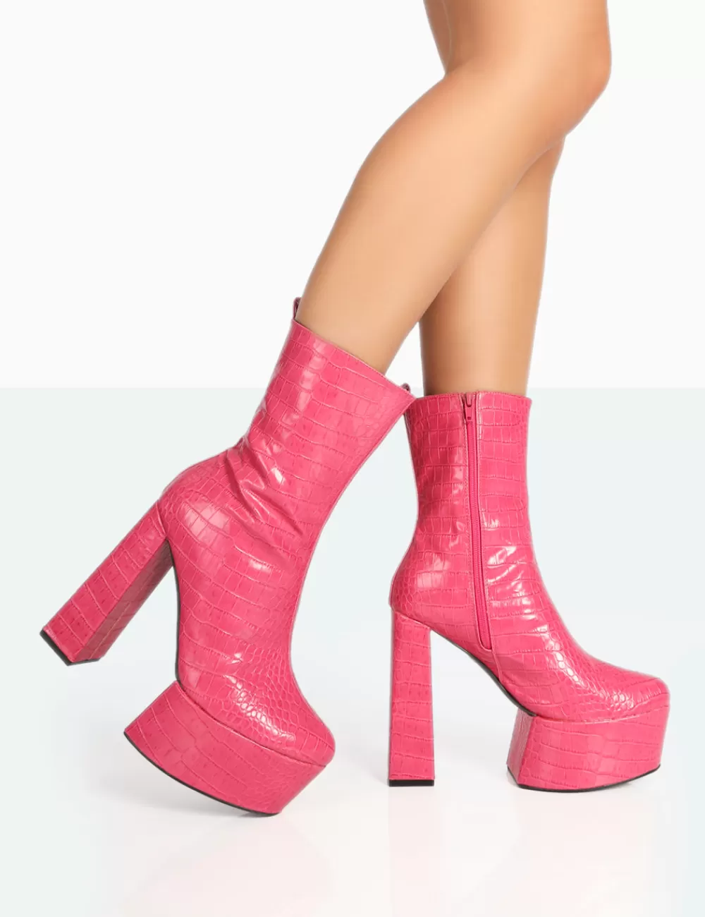 Sale Public Desire Parker Patent Croc Platform Pointed Toe Block Heeled Ankle Boots Pink