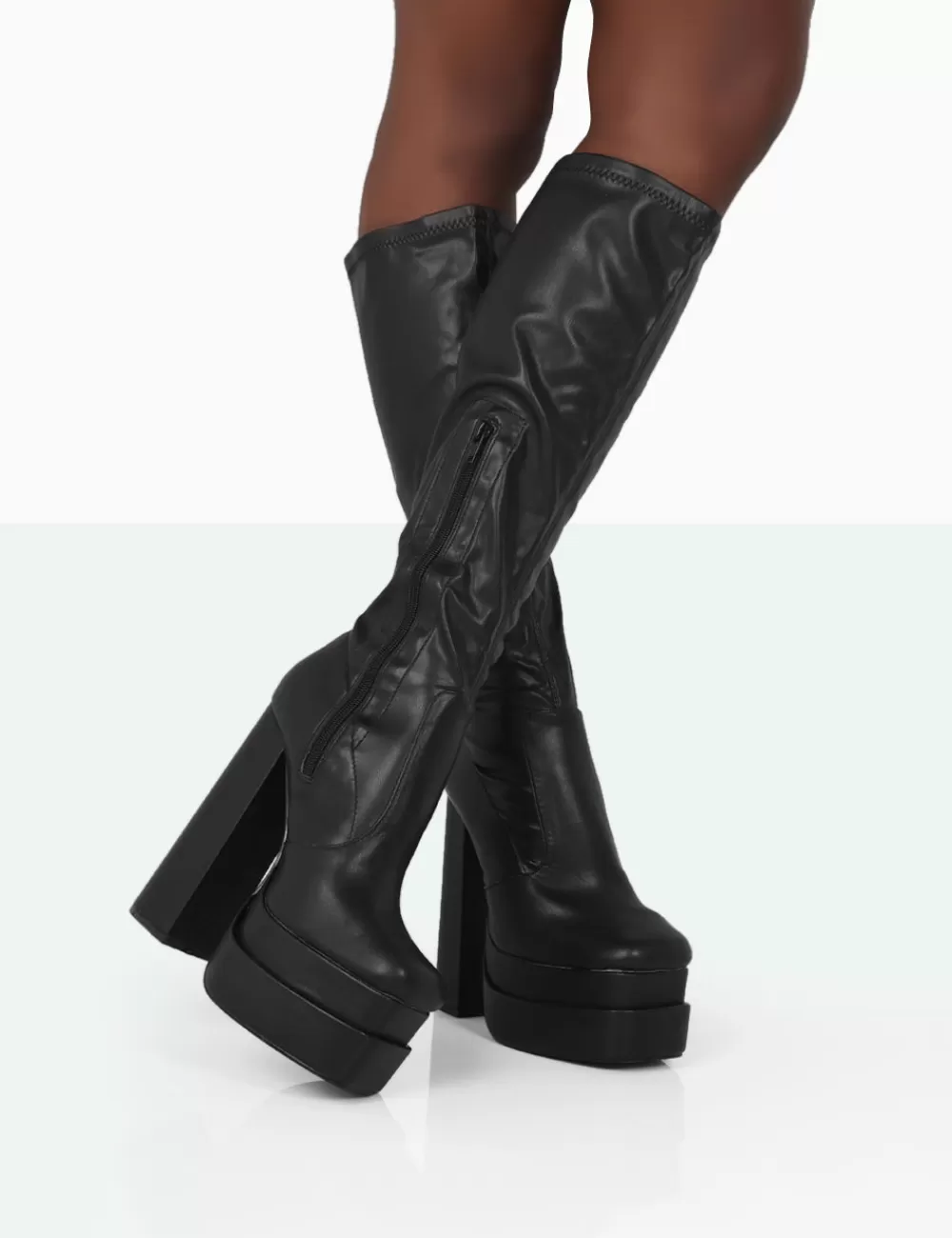 Sale Public Desire Passive PU Square Toe Platform Block High Heel Over The Knee Boots Black