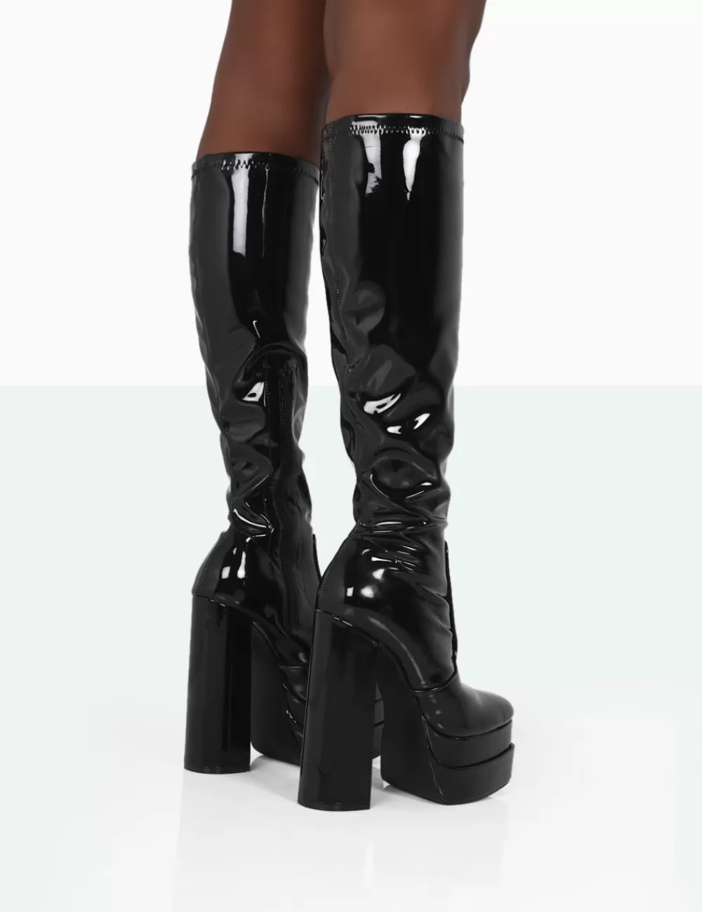 Discount Public Desire Passive Square Toe Platform Block High Heel Over The Knee Boots Black