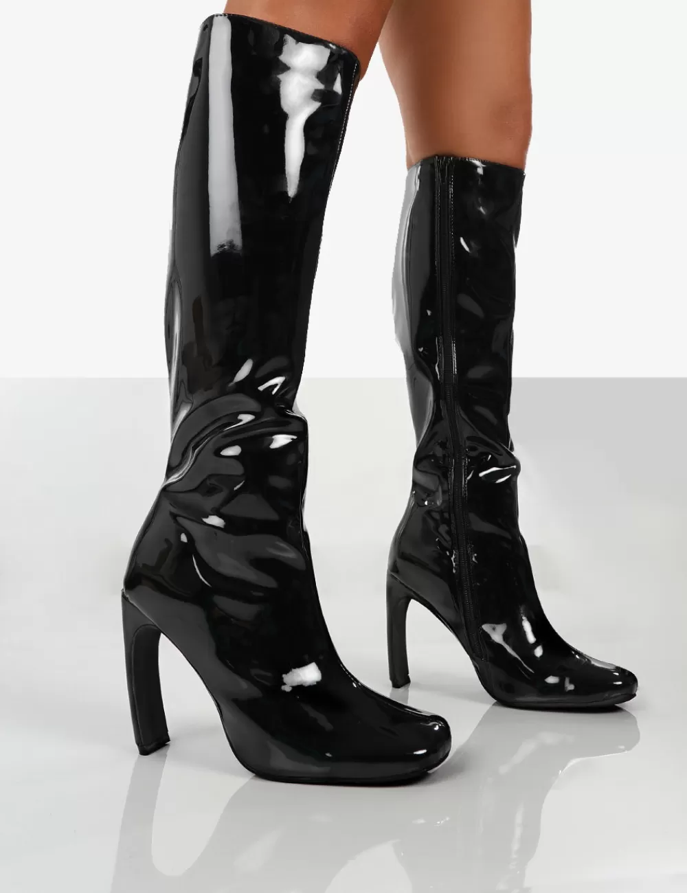 Discount Public Desire Peppa Patent Block Heel Knee High Boots Black