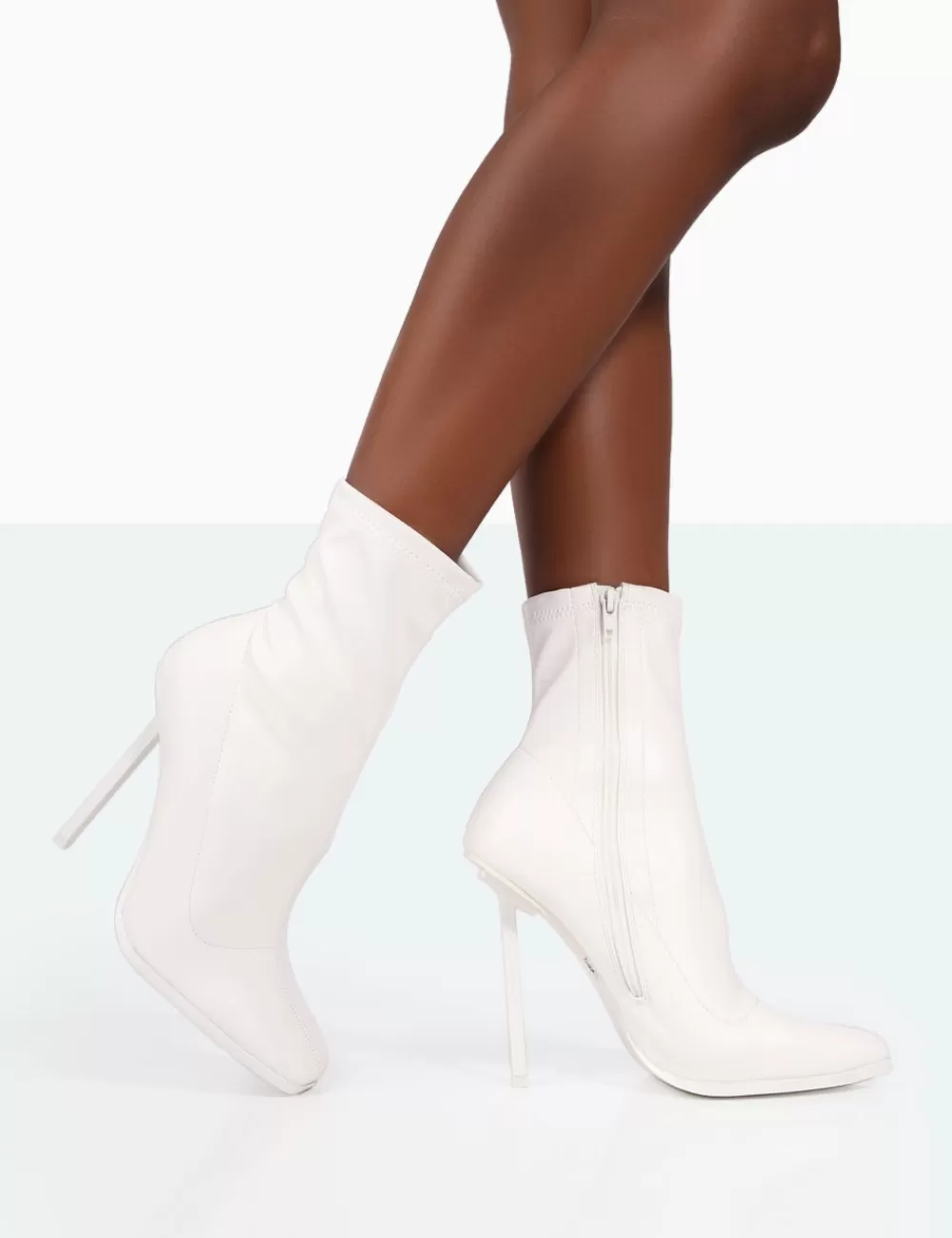 Best Public Desire Pippa Sock High Heeled Ankle Boots White