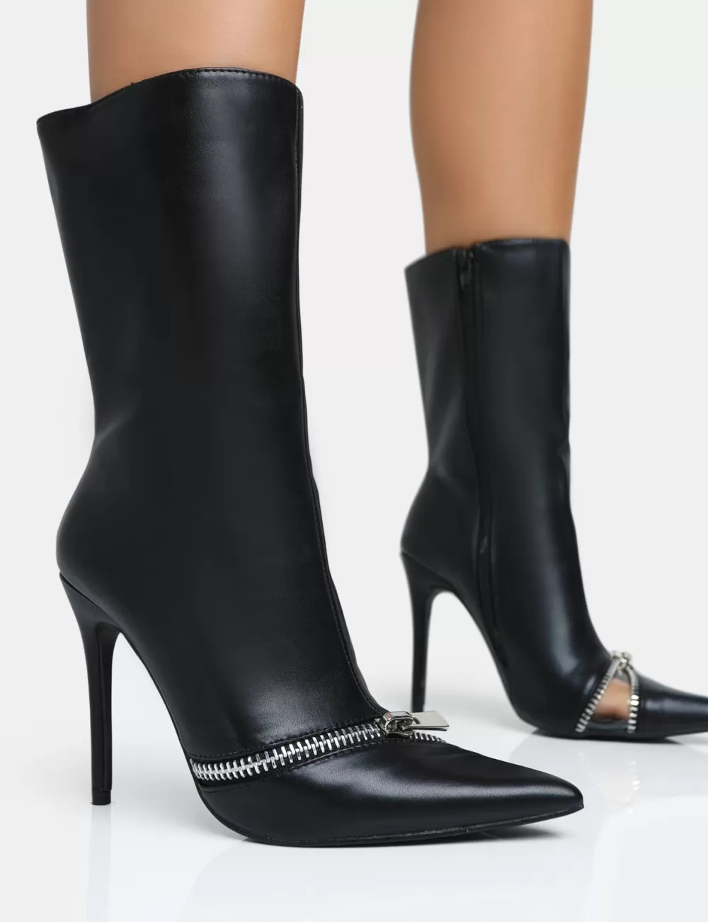 Outlet Public Desire Pitstop Pu Zip Detail Pointed Toe Stiletto Heel Ankle Boots Black